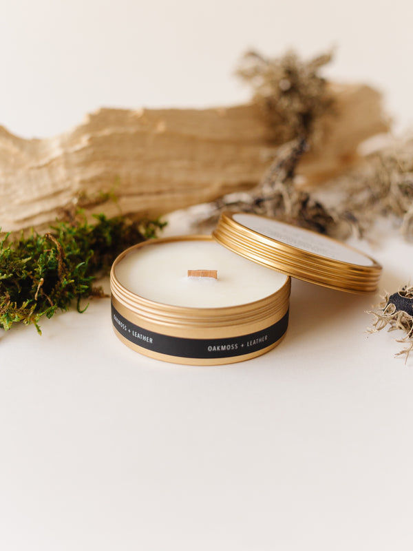 Oakmoss + Leather Soy Travel Candle