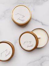 3 soy wax travel candle with crackling wooden wicks in gold tins with you're my favorite on a neutral label in script